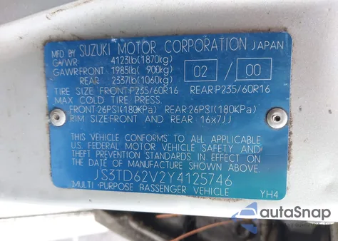 2000 Suzuki Grand Vitara Jlx/Jlx+/Limited из США, поврежденный, VIN JS3TD62V2Y4125746